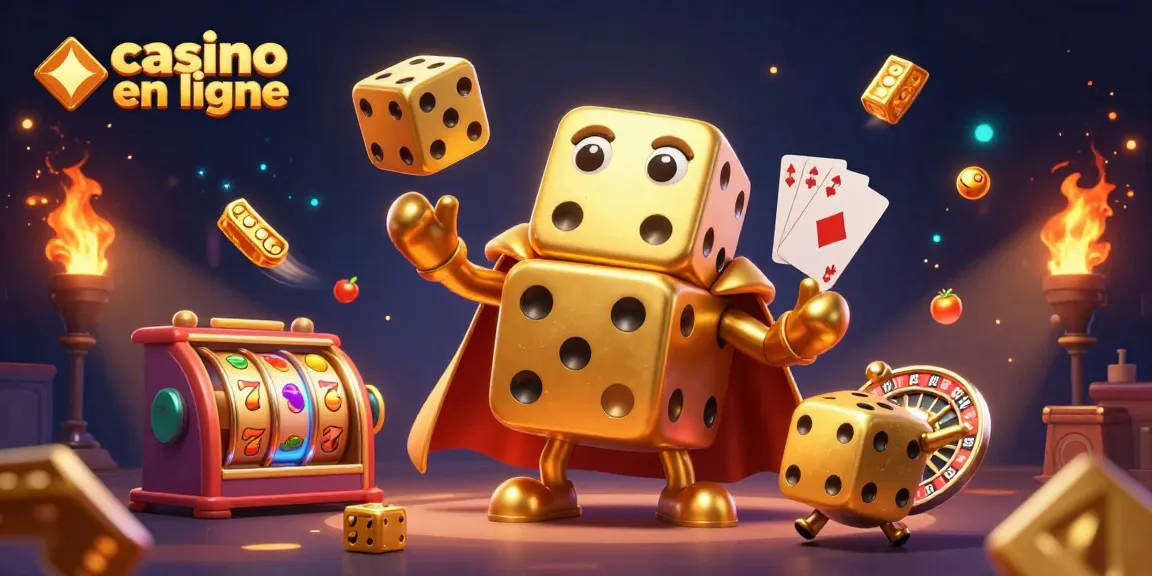 Jouer au casino en ligne avec une scène dynamique de dés dorés, machines à sous et symboles chanceux.