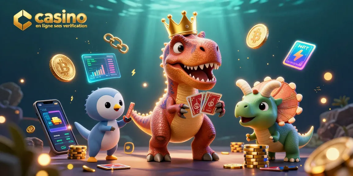 Jouer au casino en ligne sans vérification avec T-Rex et amis dans une scène colorée.