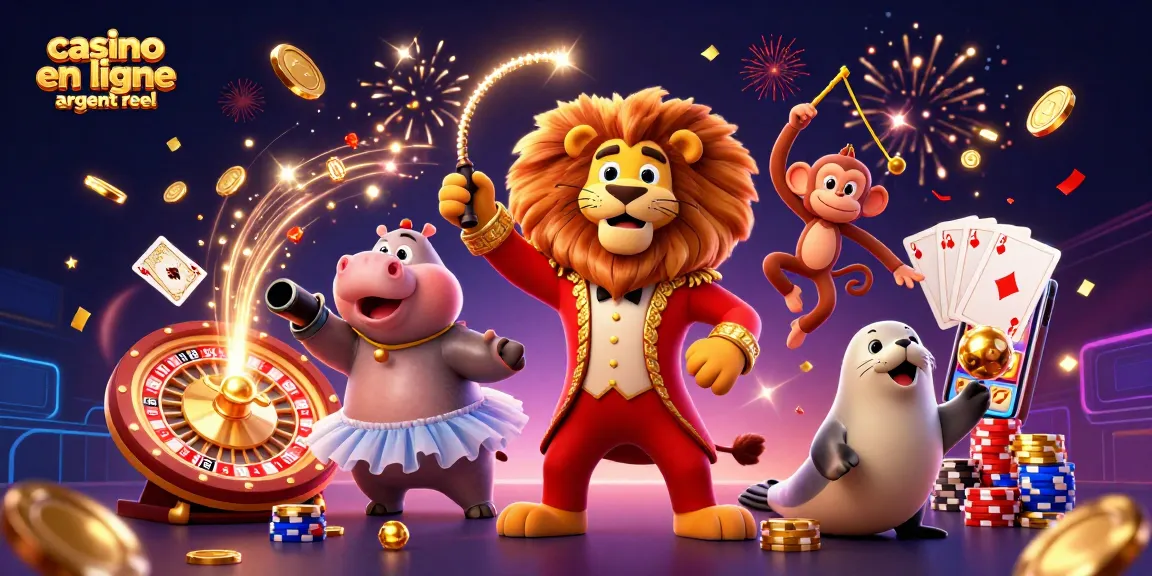 Profitez de l'excitation d'un casino en ligne argent réel avec cette illustration dynamique de jeux et personnages.