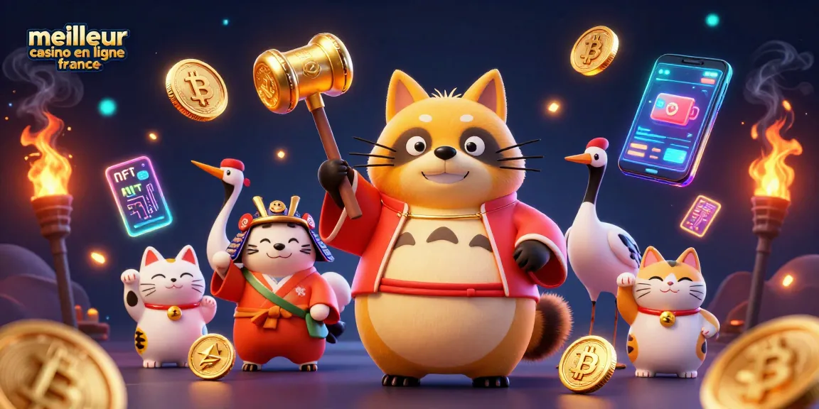 Découvrez l'univers du meilleur casino en ligne France avec un tanuki porte-bonheur entouré de symboles de la chance.