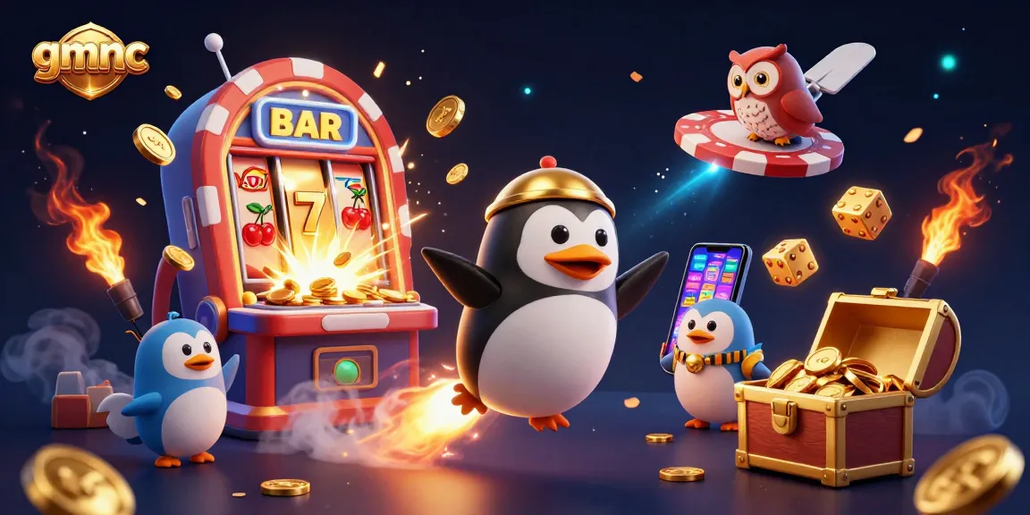 Experience gmnc's vibrant gameplay through a 3D illustration of a golden penguin leading a jackpot adventure.