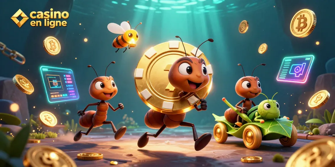 Le casino en ligne s’anime avec une équipe de fourmis transportant un jeton de poker géant dans un tunnel scintillant.