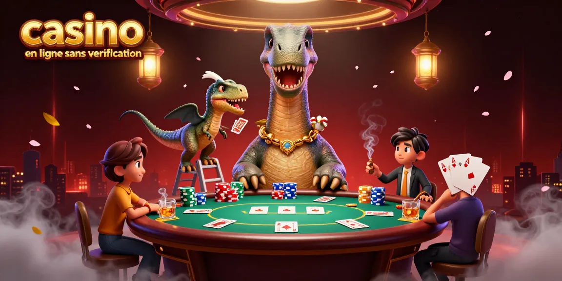 Illustration dynamique de casino en ligne sans vérification avec des personnages animés et des éléments de poker captivants.