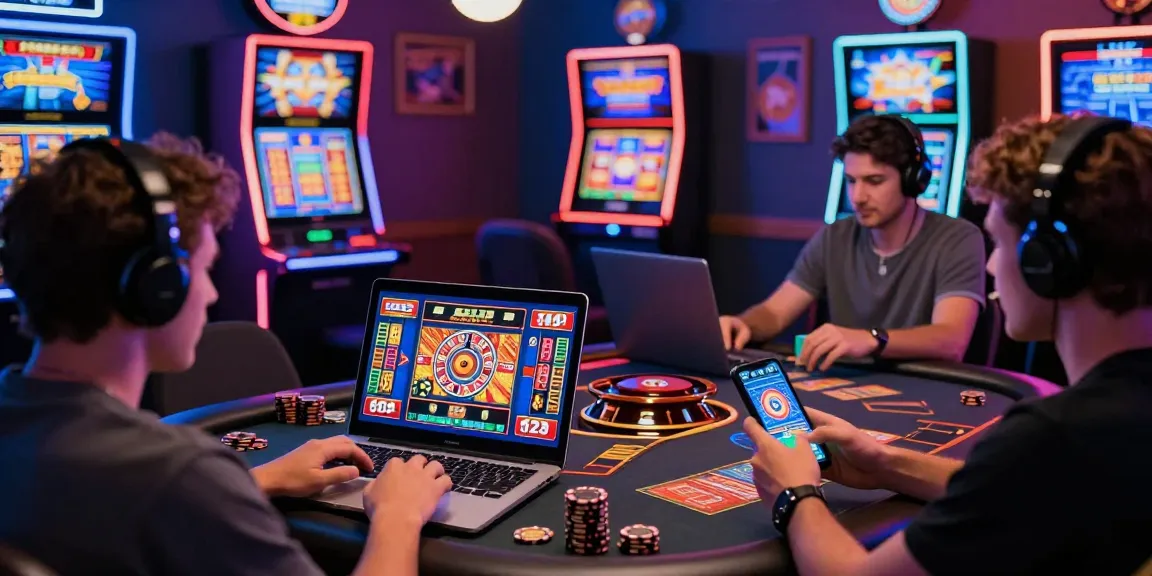 Une scène de casino en ligne où des joueurs s'amusent avec des machines à sous colorées et des jeux de table virtuels.