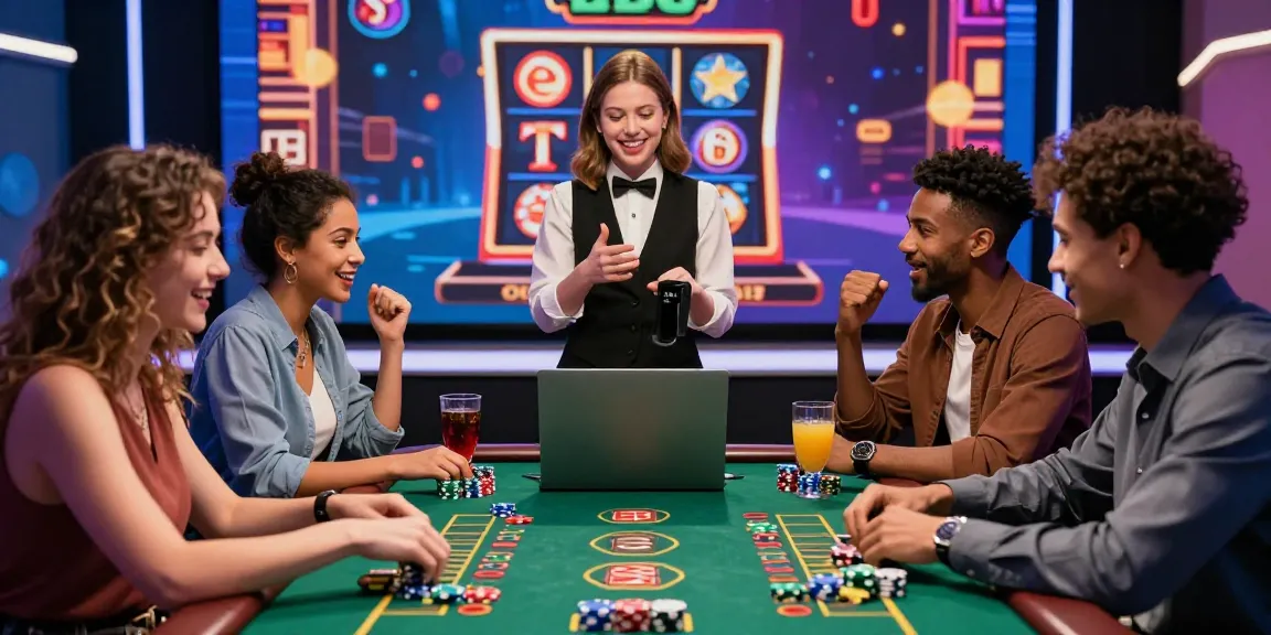 Scène de casino en ligne avec des amis jouant ensemble, célébrant l'excitation des jeux virtuels.