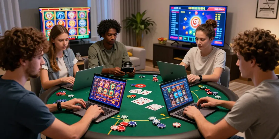 Groupe d'amis jouant à des jeux de casino en ligne dans un salon, ambiance conviviale.