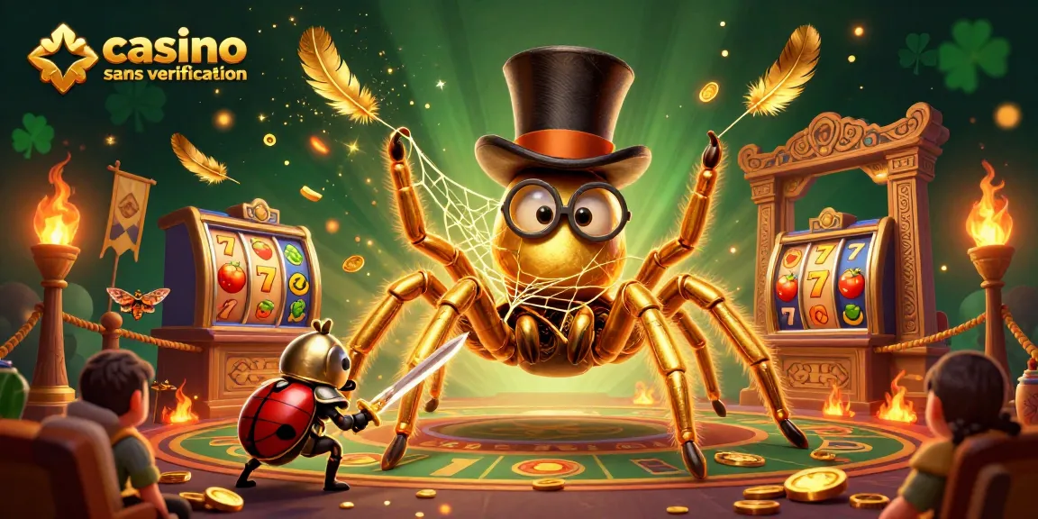 Illustration 3D dynamique représentant un casino sans verification avec un tarentule doré et des éléments de jeu.