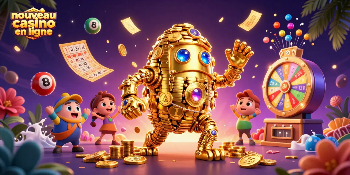 Illustration dynamique d'un nouveau casino en ligne avec un golem doré et des éléments de jeu colorés.