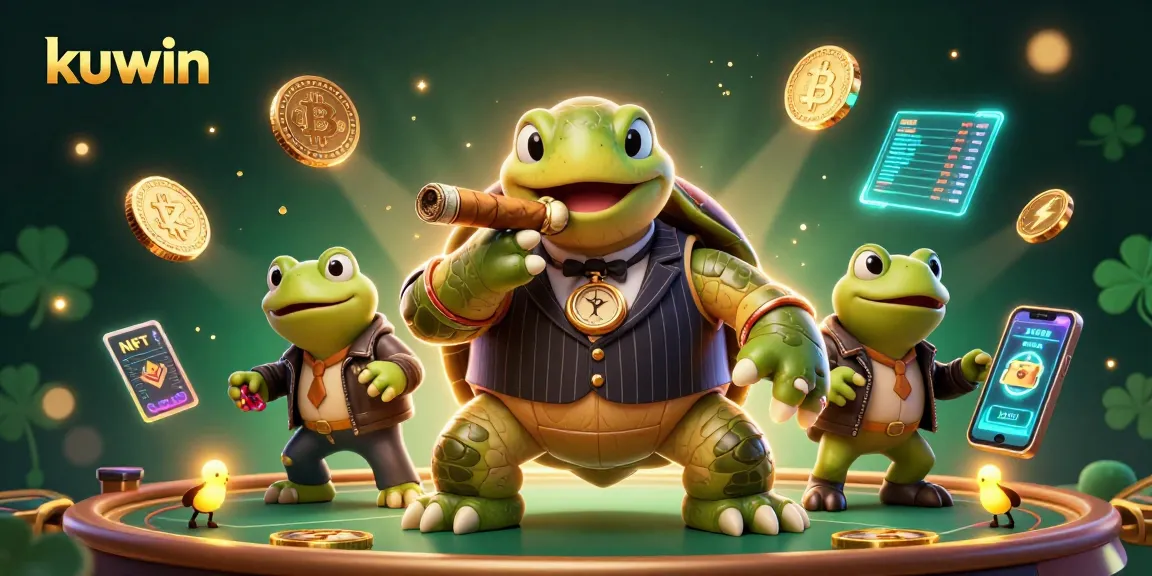 Engage with kuwin gaming experience featuring a snapping turtle in a mobster suit with crypto elements.