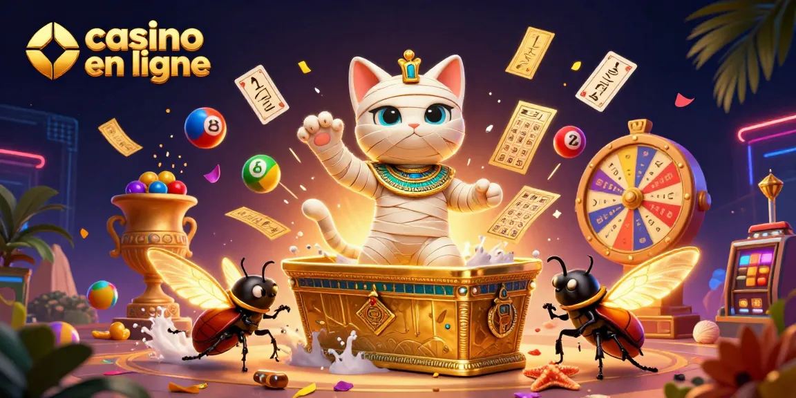 Jouez au casino en ligne avec un chat momie et un scarabée dans une scène animée remplie de jeux