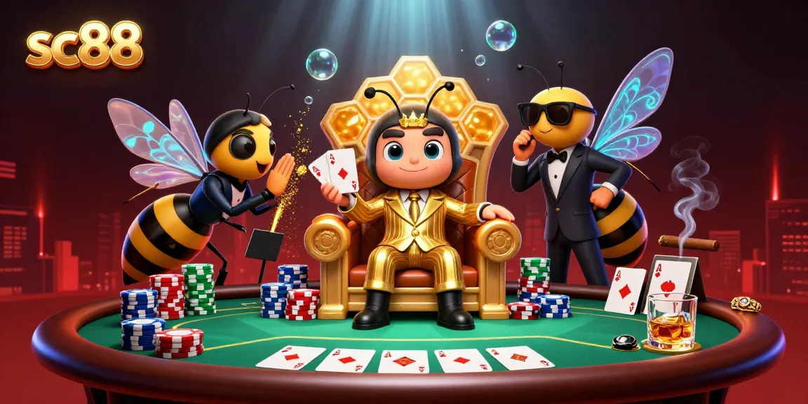 Engage in high-stakes poker with the sc88 bumblebee mob boss, aces, and vibrant casino elements.