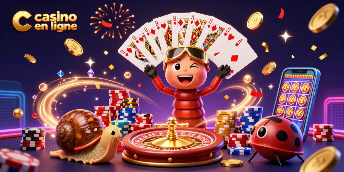 Casino en ligne avec un croupier mille-pattes distribuant des cartes et des jetons colorés dans une ambiance festive.