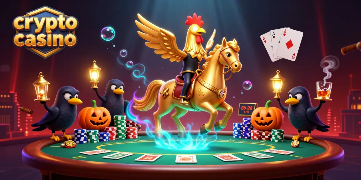 Visitez un crypto casino vibrant avec du poker et des personnages fantastiques dans une ambiance nocturne.
