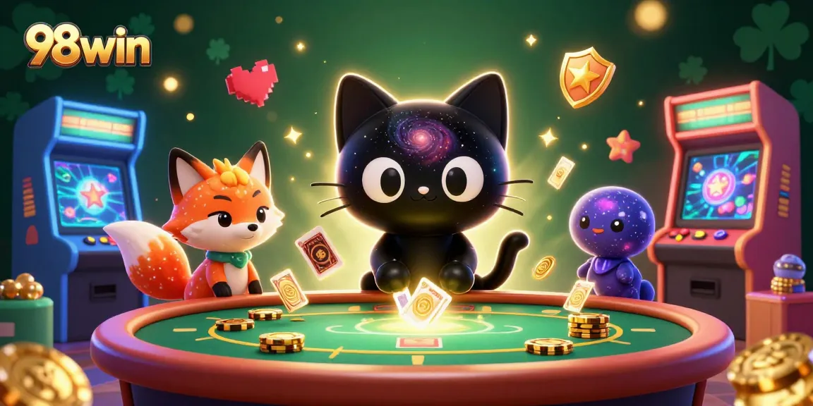 Pull 98win casino rewards with a cosmic black hole cat and colorful gaming elements.